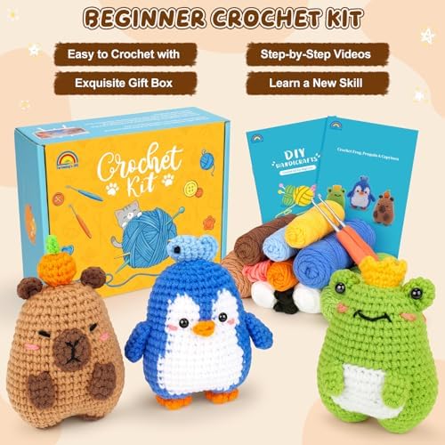 Fortuning's JDS Crochet Kit for Beginners, Crochet Animal Kit Includes Penguin, Capybara & Frog, Complete Starter Kit for Adult, DIY Craft Crochet Kits, Easy Knitting Kit Christmas Gifts