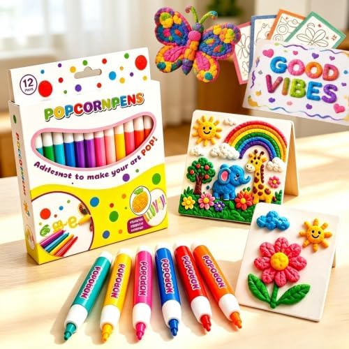 New 2027 Popcorn Pens, 6/12 Colors 3D Bubble Drawing Pen, Heat Activated Puff Paint Raised Texture Craft Tool for DIY Artwork, Greeting Cards, Scrapbooking & Kids' Projects., 12Pcs