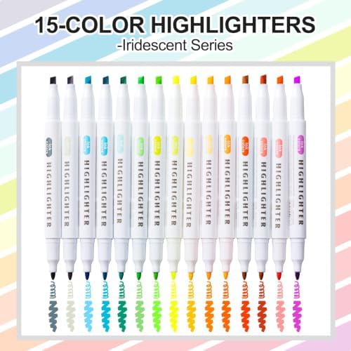 15 Count Dual-Tip Highlighters, Pastel Colors Fine & Bold Tip, Quick-Dry Non-Bleeding Highlighter Markers for Bible Journaling,School,Office,Notes (15 colors highlighters - Iridescent Color)