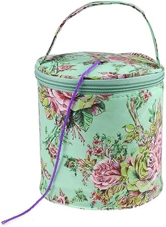 mini yarn storage small size yarn bag for crocheting with holes,empty round knitting tote bags protable yarn holder,perfect for travel,beginner & crocheter(Green Peony)