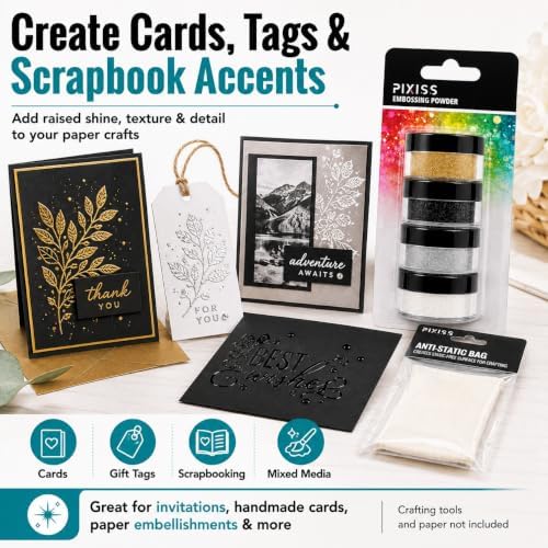 Pixiss Heat Tool Embossing Heat Gun for Crafts, Embossing Arts, Candles, Shrink Wrap. 4 Embossing Powders, Anti-Static Embossing Pad