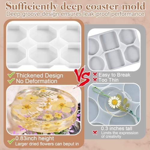 18-Cavity Deep Coaster Resin Molds Silicone Molds for Crafts, 4 Inches Round Squares Octagon Epoxy Resin Molds for DIY Art Flower Preservation