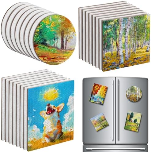 Saysurey 24 Pack Mini Magnetic Canvas Panel Canvas Boards for Painting Magnetic Boards for Fridge Multi Shape Round Square Rectangle for Fridge Locker Art Paints Crafts DIY