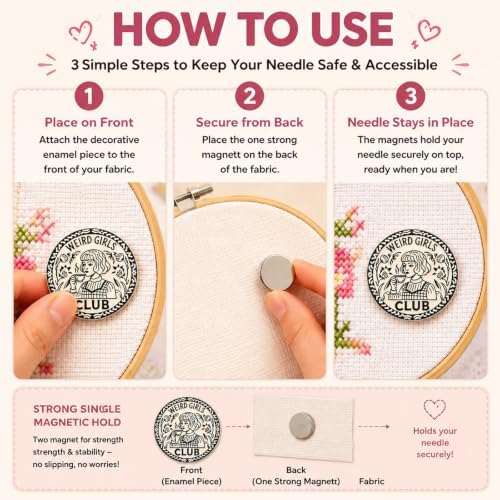 Needle Minder for Keeping Sewing & Embroidery Needles – Magnetic Needlepoint Holder, Cross Stitch Supplies – Secure & Decorative Needle Minders for Stitching & Crafting (Weird Girls Club)