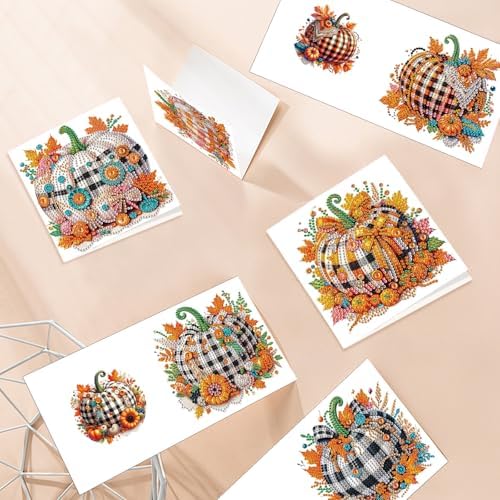 6-Pack Autumn Pumpkin Diamond Art Greeting Cards with Envelopes – DIY 5D Diamond Painting Kits for Adults, Creative Fall Thanksgiving Greeting Card Set, Rhinestone Craft Kits, Handmade Holiday Cards