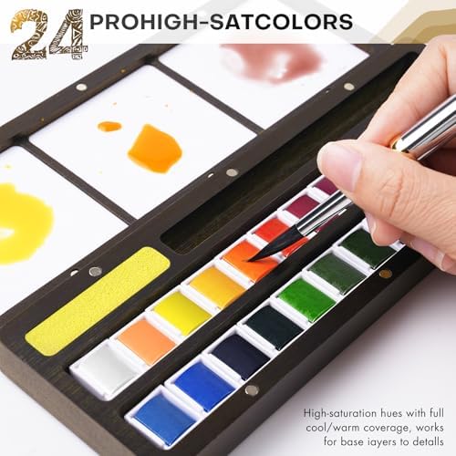 Fuumuui Watercolor Paint Set, 24 Watercolor Paints with Dual Tip Travel Watercolor Brushes Wooden Palette, Art Supplies for Painting, Travel Watercolor Set, Amateur Hobbyists