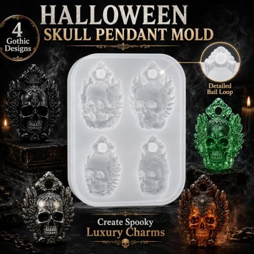 4 Cavity Winged Embossed Skull Pendant Silicone Mold with Hanging Hole, Gothic Epoxy Resin Casting Mould for DIY Necklace Charm Halloween Christmas Jewelry Making (KL03)