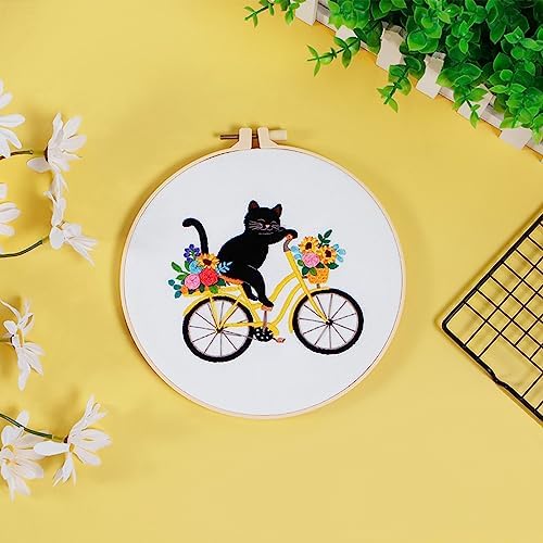 Louise Maelys Cat Bicycle Embroidery Kit for Beginners Floral DIY Craft