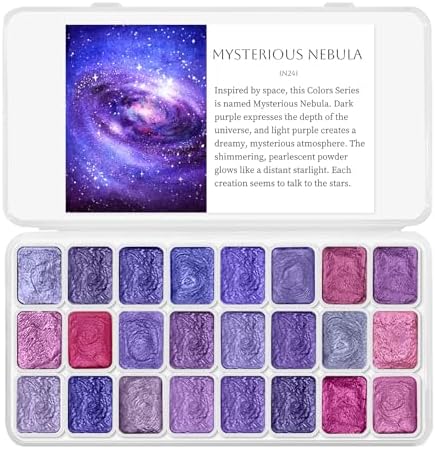 CraftyManor Mini Glitter Watercolor Paint Set with Paper, 24 Colors Shimmer Metallic Watercolour Painting Sets, Solid Pearl Water Color Paints for Adult, Purple 1ml Trial Pack(Mysterious Nebula)