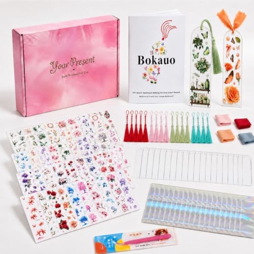 DIY Bookmark Making Kit, 20 Clear Acrylic Bookmark Blanks 5.9 x 2 in with PET Floral Bookmark Stickers, Tassels, Ribbons, Gift Bags, Bookish Gifts for Book Lovers, Book Club Crafts, Readers