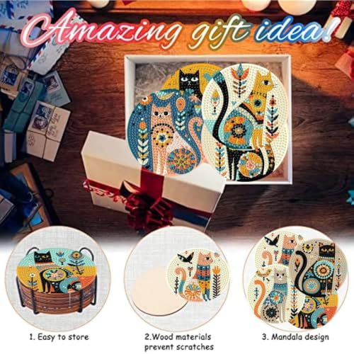 8 Pack Diamond Art Coasters Kit for Adults, Cat Diamond Painting Coasters