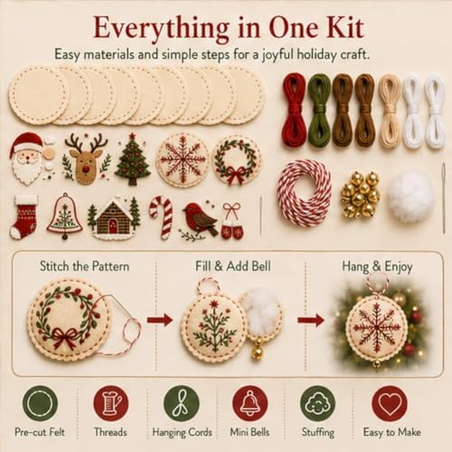 DIY Felt Christmas Ornament Kit,Hand Embroidery Christmas Ornaments kit