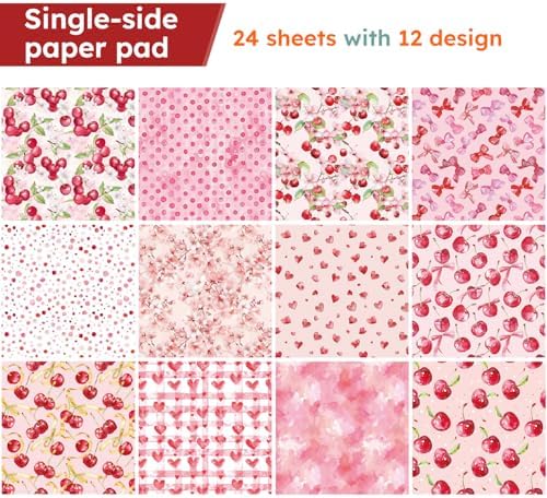 6in Pink Cherry Scrapbooking Paper Pad, 24 Sheets Aesthetic Patterned Decor for Collage Decoupage Junk Journals Wrapping Folded Materials Arts Gift Card Making DIY Crafts Origami Photo Album