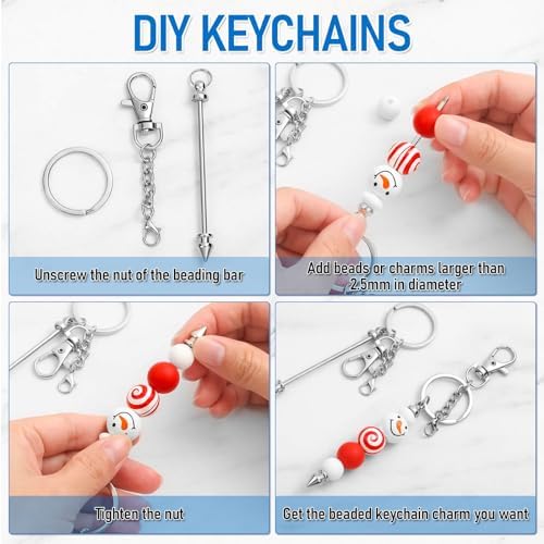 ROADPLUM 12 Pcs Beadable Keychain Bar, Silver Bead Keychain Beaded Item for Pendant DIY, Alloy Blank Key Chain Accessories Bulk for Beadable Gift Jewelry Making Supplies