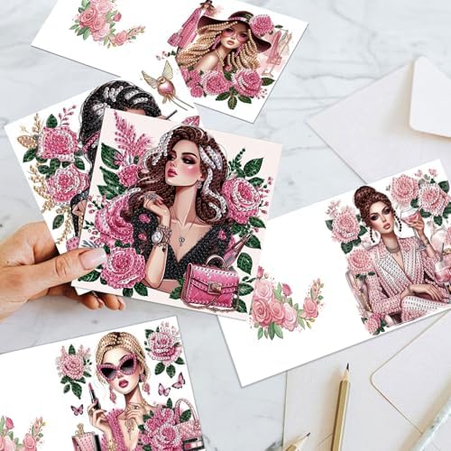 antor 6 Pack 5D Diamond Painting Greeting Cards, Elegant Woman with Floral Design DIY Diamond Art Cards with Envelopes, Handmade Rhinestone Birthday Wedding Thank You Cards for Adults