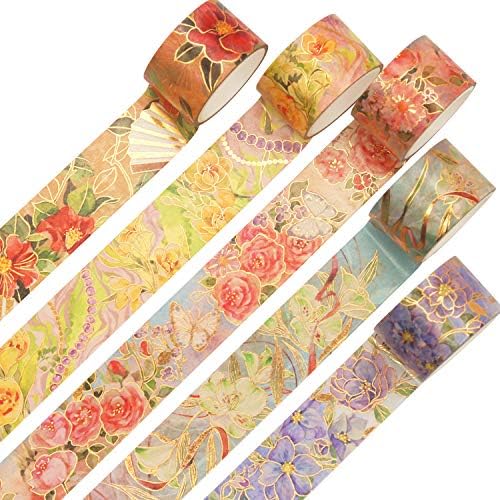 YUBBAEX Blooming Washi Tape Set Gold Foil Masking Tape Peony Wide Decorative for Arts, DIY Crafts, Journal Supplies, Planners, Scrapbook, Card/Gift Wrapping -25mm- (Red Flowers)