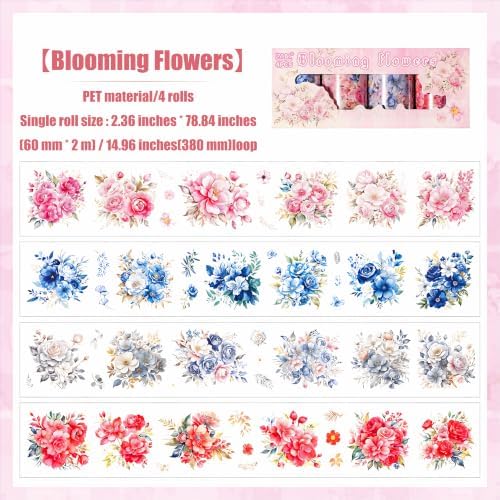 4 Rolls Floral PET Washi Tape Set,PET Tape Stickers for Journaling Kit