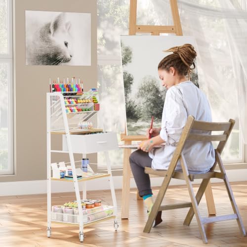 Homsorout 3 Tier Rolling Cart - Metal Utility Cart with Storage Drawer and Wheels, Versatile Art & Craft Organizer for Home, Office, or Studio - Ideal for Storing Brushes, Paints, and Supplies（Maple）