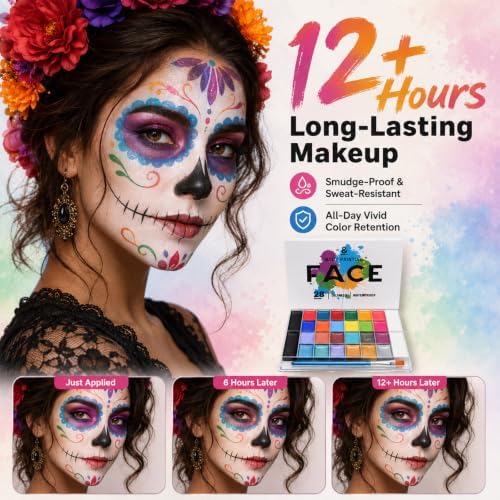 28 Colors Face Body Paint Kit, Oil Based, Waterproof Non-Toxic Face Paint Palette with Brush for Halloween Cosplay, Parties & Stage Makeup