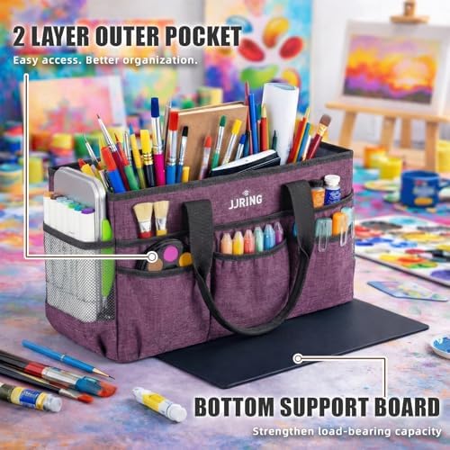 JJRING Large Art Supply Storage Tote Bag With Mesh Pockets, Purple