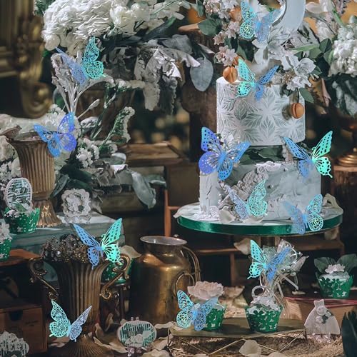 SAOROPEB 3D Butterfly Wall Decor 48 Pcs Laser Blue Butterfly Decorations | 4 Styles 3 Sizes, Butterfly Birthday Decorations Butterfly Party Decorations Cake Decorations, Removable Stickers