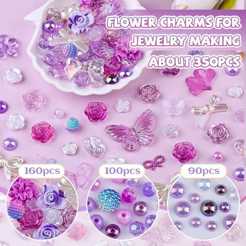 350 Pieces 3D Resin ABS Colorful Rose Flower Bows Butterfly Charms with Flatback Half Round Pearl Beads for Bracelet Earring Necklace Craft DIY Making Supplies