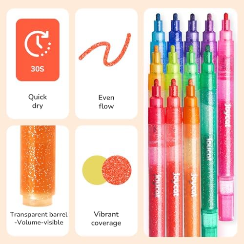JoyCat 12-Color Glitter Markers for Kids, 3mm Paint Pens, High-Capacity Ink