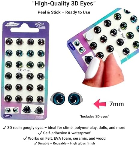 3D Resin Doll Eyes – 7mm Self-Adhesive Craft Eyes (24 pcs / 12 Pairs) – Realistic Cabochon Eyes for Amigurumi, Dolls, Polymer Clay, Cold Porcelain, Felt & DIY Crafts (Assorted Iris Colors)