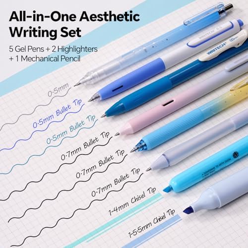 WRITECH Gel Pens Journaling Highlighters: Blue Pastel All-in-One Set 8ct