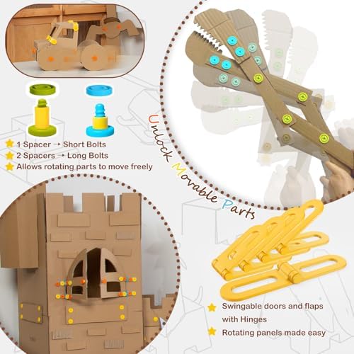Cardboard Construction Kit - 401 PCS Kids Building Set with Safe Serrated Cutter, Crease Roller, Screws & Nuts, STEM Upcycled Tool for DIY Cardboard Projects, Engineering & Creativity