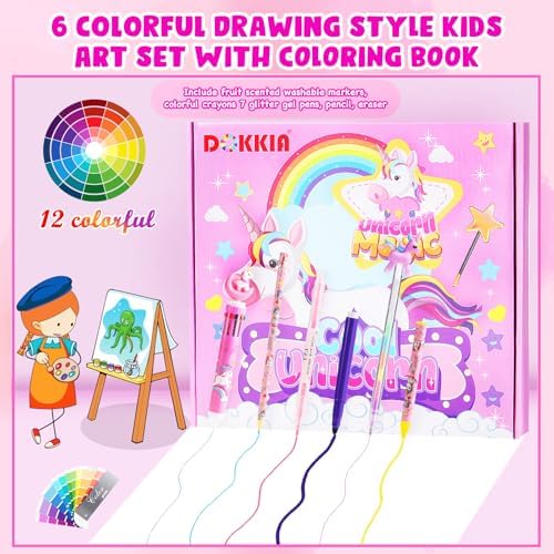 DOKKIA Fruit Scented Coloring Pens Markers Set 65 PCS Art Craft Drawing Case - Washable Kits Pencil,Gel Pen,Crayon&Coloring Book Supplies Unicorn Rainbow Pink
