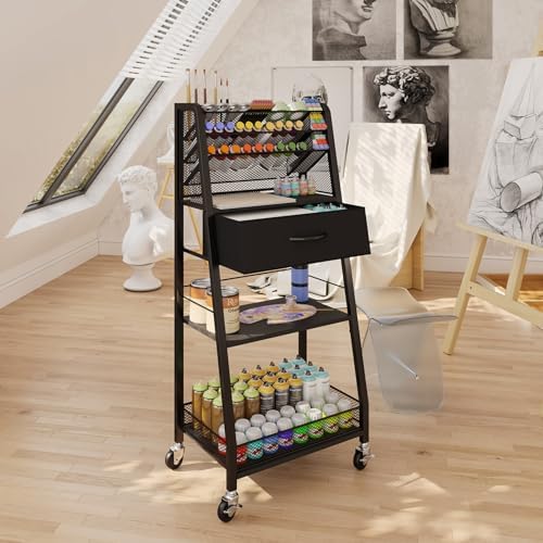 Homsorout 3 Tier Rolling Cart - Metal Utility Cart with Storage Drawer and Wheels, Versatile Art & Craft Organizer for Home, Office, or Studio - Ideal for Storing Brushes, Paints, and Supplies（Black）