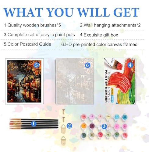 PRASIO Framed Paint by Numbers Kit for Adults Beginner, Landscape Adult Paint by Number Kits on Canvas Framed, DIY Acrylic Watercolor Oil Paint by Numbers with Frame for Gift Home Decor 16x20 Inch
