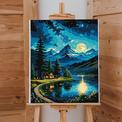 Lovepefe Mountain Paint By Numbers Kit for Adults Lakeside Cabin Adult Paint By Number Kits On Canvas Moon Night Oil Painting Kit for Beginners Adults Kits for Gift Home Wall Decor 16x20 Inch