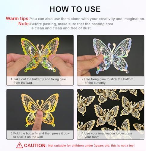 60 Pcs Butterfly Wall Decals - 3D Butterflies Removable Mural Wall Stickers for Home Room Bedroom Door Office Decorations (Gold)