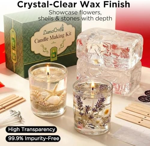 LumaCraft Clear Gel Wax Candle Making Kit – 2.2LB Transparent Jelly Wax with Boutique Fragrance Oils, Dyes, Glass Jars, Wicks & Decor Supplies, Luxury Complete DIY Starter Kit for Beginners & Adults