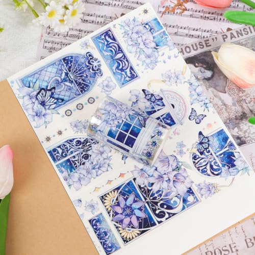 Sitsink PET Tape for Journal Scrapbooking - Gothic Window Purple Flowers PET Tape Stickers for Crafts Junk Journal Supplies Notebook Scrapbook DIY Decor Ornament