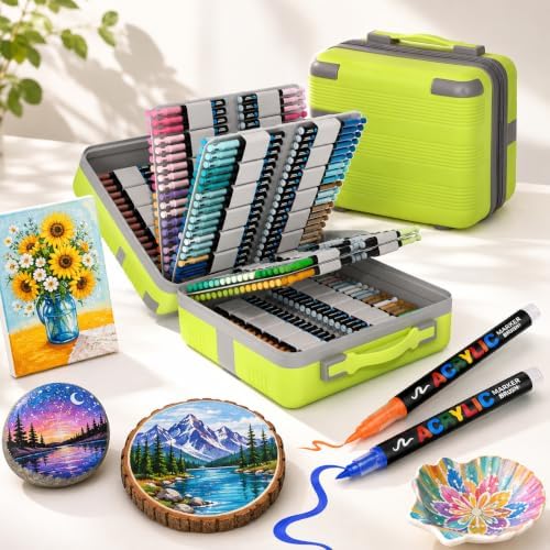 408 Acrylic Paint Markers with Storage Box, Soft Brush Tip Acrylic Paint Pens + 20 Refills, No Bleed Quick-Dry Waterproof Acrylic Markers Set for Rock Painting, Canvas, Wood, Glass, Crafts