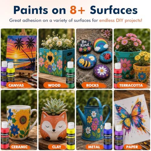 GOTIDEAL Acrylic Paint Set, 18 Colors Outdoor Acrylic Paint (100m,3.4 oz) | with 10 Brushes, Non-Toxic Waterproof Art Paints for Canvas, Wood, Rocks, Craft Supplies for Artists & Beginners