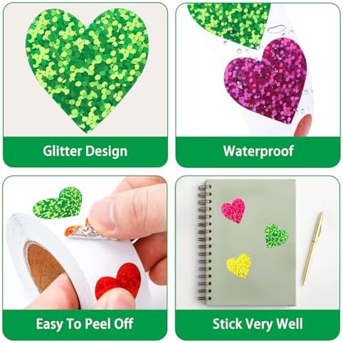 Anwyll Heart Stickers - 500Pcs 1Inch Valentines Day Heart Stickers Glitter Colored Heart Shape Sticker for Reward Classroom Self Adhesive Love Incentive Sticker for Envelope Seal Card Birthday Wedding