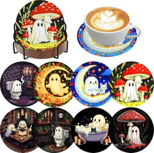 8 Pcs Ghost Diamond Art Coasters Kits for Adults,DIY Halloween Diamond Painting Coaster Kits with Holder,Crystal Full Drill Rhinestone Diamonds Art Diamond Paintings Kit Supplies