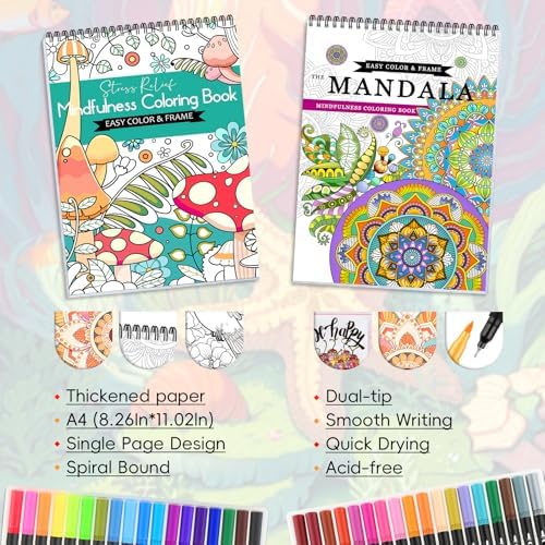 2Pcs Adult Coloring Books Set for Women Relaxation with 36 Colors Markers