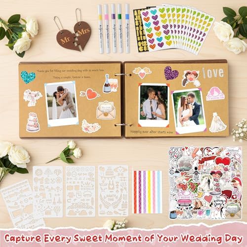 CY2SIDE Our Wedding Scrapbook Album - 111PCS DIY Wooden Memory Photo Book Craft Kit with Stickers Markers Stencils Photo Corner Mr & Mrs Ornament, Picture Journal Gift for Bridal Wedding Anniversary