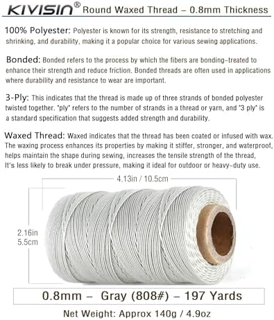 Bonded 0.8mm Round Waxed Polyester Cord, 3-ply Wax Coated Thread, 197 Yards Stiff String for Heavy Duty Fabric, Leather Sewing, Book Binding, Upholstery Repair, and Macrame Jewelry - Gray