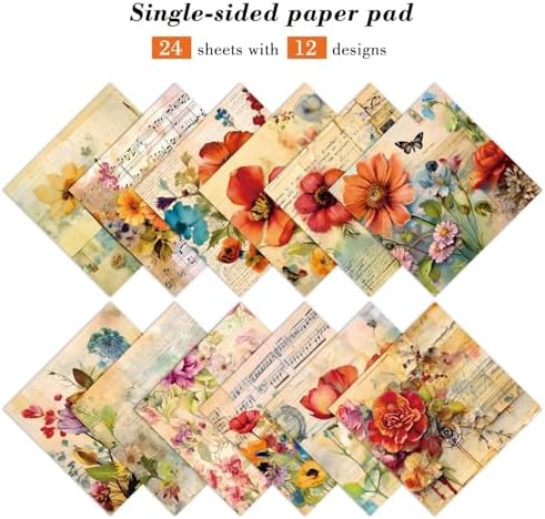 Vintage Floral Scrapbook Paper Pad, 24 Sheets 6''x 6'' Flowers Patterned Designed Decorative Decoupage for Wedding Folded Card Material Gift Wrapping Planners Journals DIY Crafts Photo Album