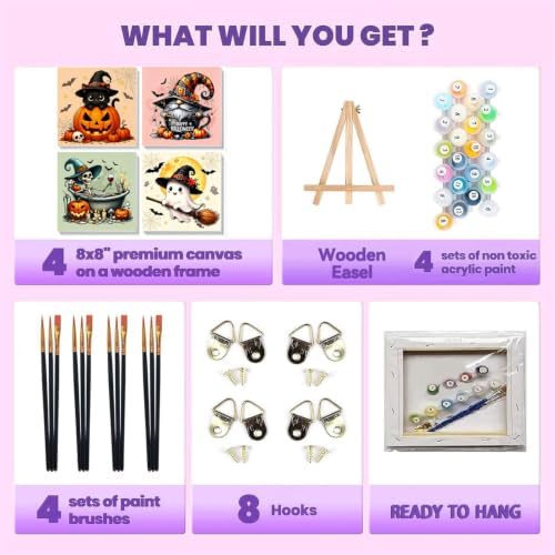 4 Pack Halloween Paint by Numbers Kit for Kids with Frame Easy 8x8 inch