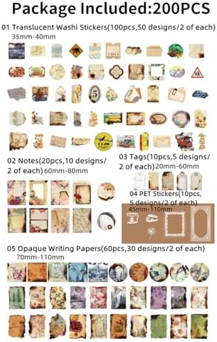 200PCS Vintage Scrapbooking Supplies Pack for Junk Journal Planners Decoupage Paper Scrapbook Stickers Aesthetic Cottagecore Collage Craft Album (Dappled Marks)