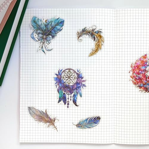 Ychsring Sparkly Fantasy Feather Stickers - 30 Pcs Clear PET Glitter Magic Floral Stickers for Scrapbook, Journal, Junk Journal, Collage - Holographic Transparent for Resin, Craft, Scrapbook Supplies
