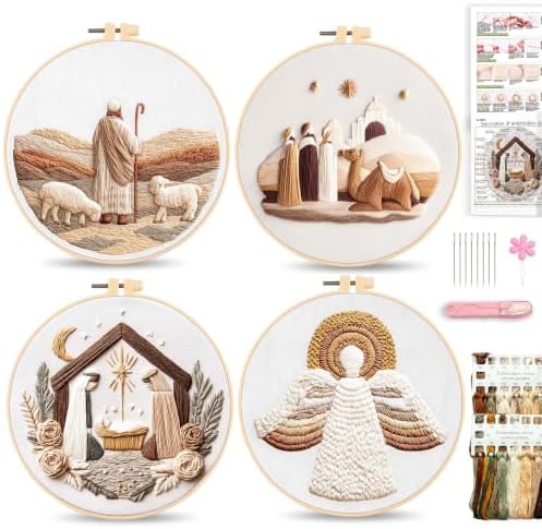 Harimau Adult Beginner Embroidery Starter Kit, Complete Set with 4 Patterns, 2 Hoops, Needles, Scissors, Instruction Guide & Stitching Video Tutorials