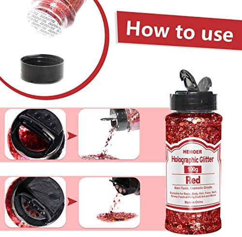 HEMOER Red Glitter, 100g/3.5oz Holographic Chunky Glitter Mixed Hexagon Chunky & Fine Flakes Iridescent Sequins for Epoxy Crafts, Resin, Nail Body, Tumblers, Festival Party